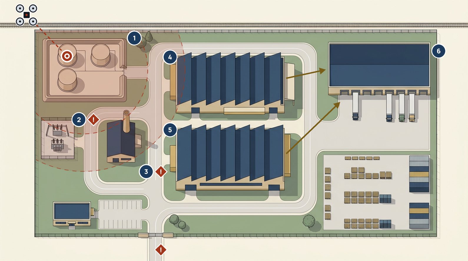 Map of an illustrative site in a drone strike: the drone, the point of impact at the fuel depot, fire zones, single points of failure and revenue flows
