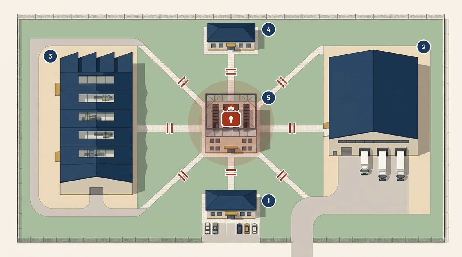 Company diagram in a ransomware attack: the server room with ERP and CRM is locked, and the links to sales, the warehouse, production and accounting are cut