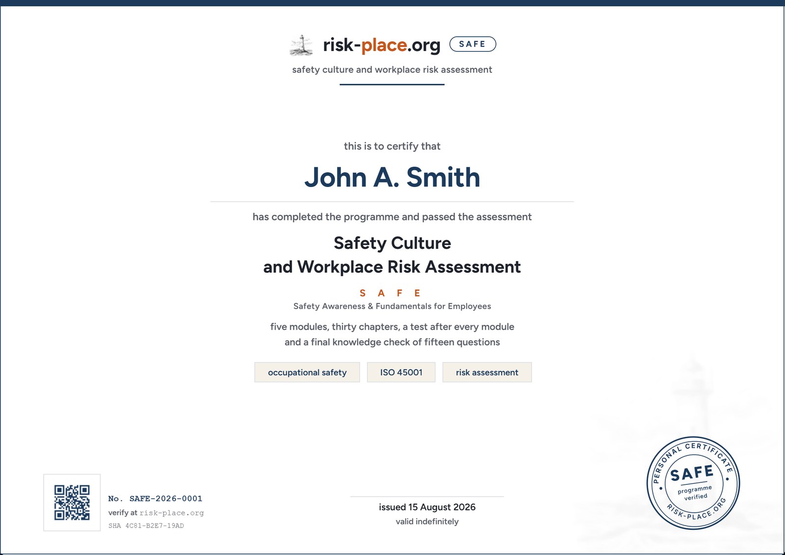 SAFE — sample of the personal certificate